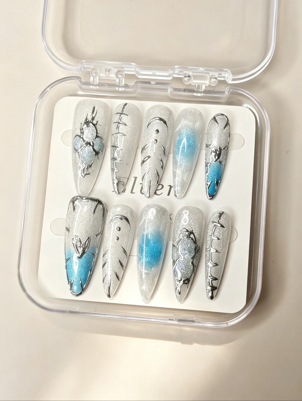Silver Blue Gradient Stiletto Handmade Press On Nails with Feather Design Gothic